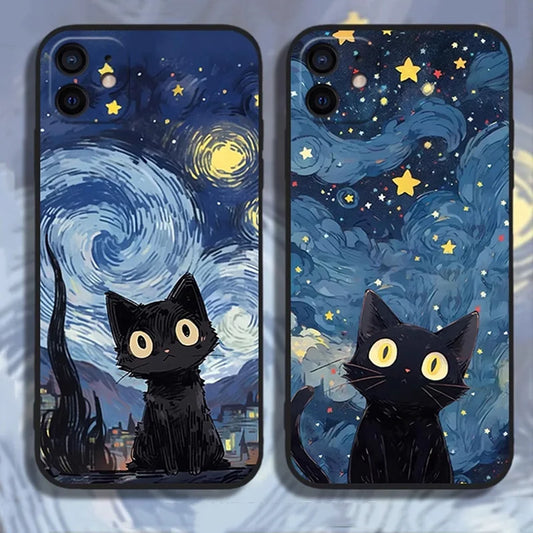Artistic Black Cat Starry Night Phone Case